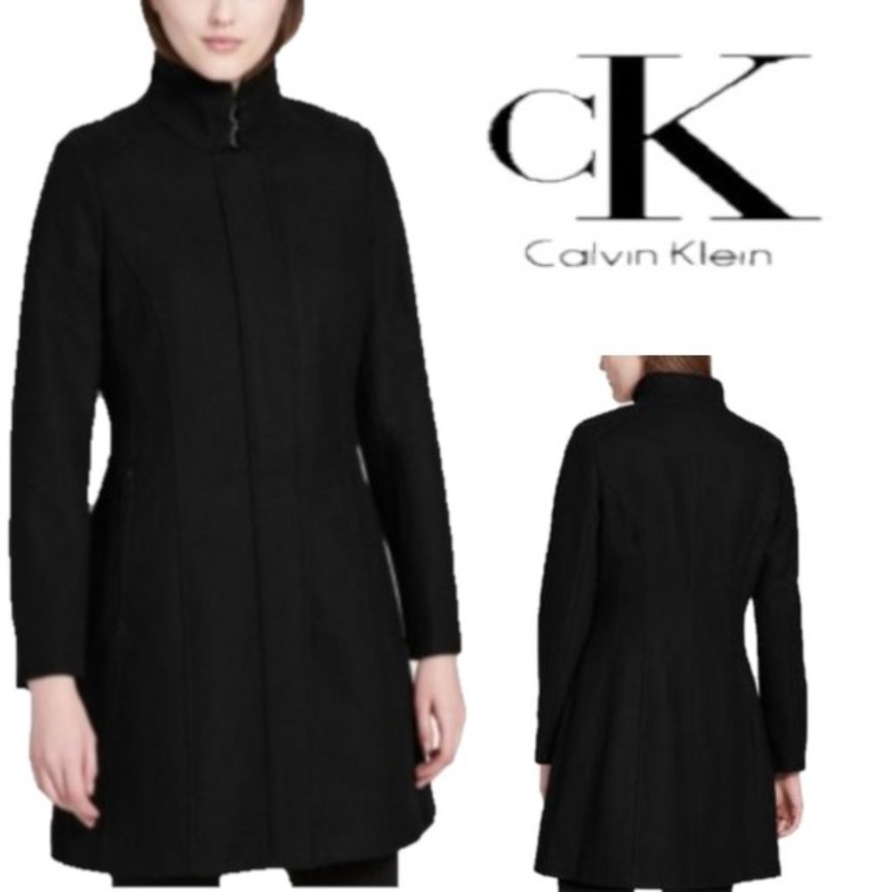 BRAND NEW! Calvin Klein Black A-Line Stand-Collar Walker Coat size S